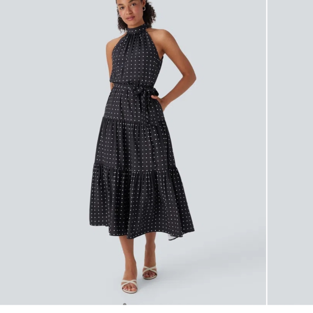HALARA Black and White Polka Dot Midi Dress